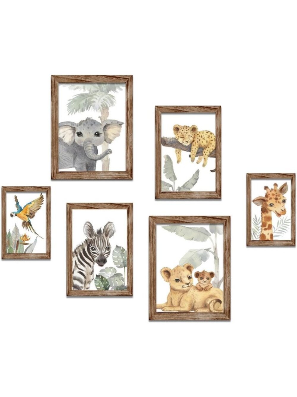 Safari Animal Wall Art Print Set of 6 - Jungle Nursery Decor for Boys & Girls